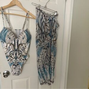 Blue and White Patterned Swimsuit and Cover-Up Set